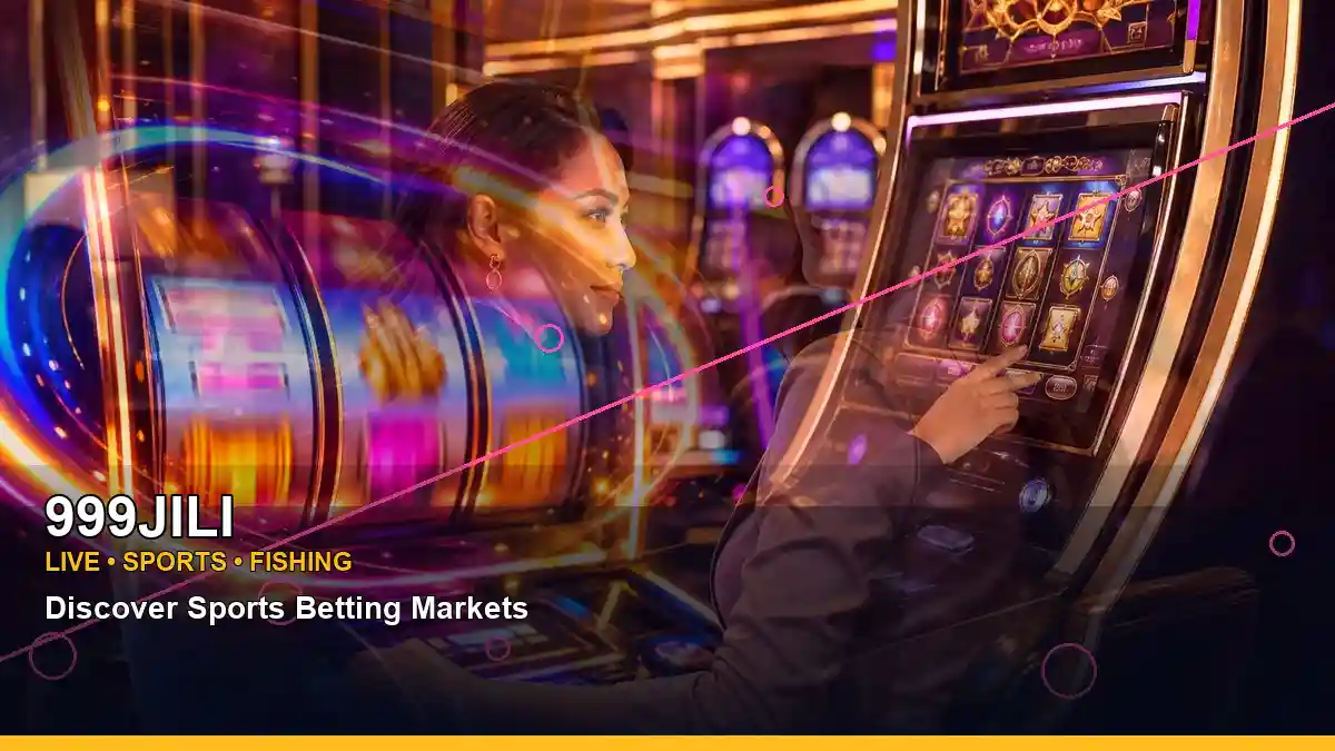 999JILI party online slot games featuring an adult Filipina casino host with a layered collage composition